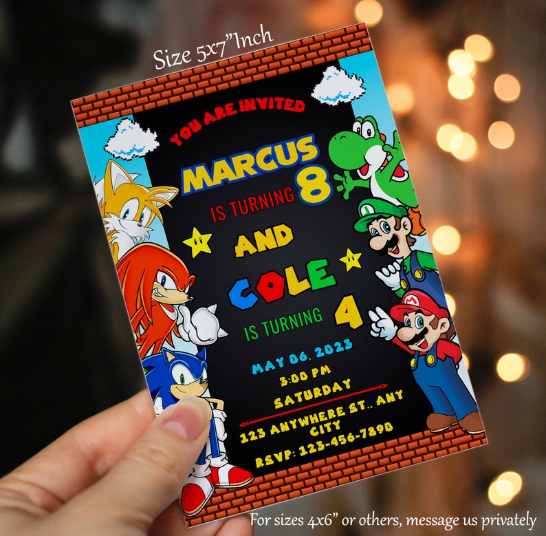 May include: A birthday invitation for two boys, Marcus turning 8 and Cole turning 4. The invitation features a black background with colorful text and stars. The invitation is decorated with characters from the video games Sonic the Hedgehog and Super Mario Bros. The invitation includes the date, time, and location of the party.