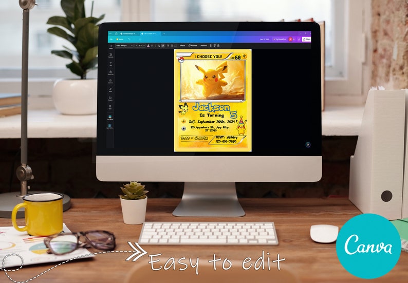 Puede incluir: Una plantilla de invitaci&oacute;n de cumplea&ntilde;os personalizable con un Pikachu de dibujos animados de la franquicia Pokemon. La plantilla est&aacute; dise&ntilde;ada para parecerse a una carta de Pokemon e incluye el texto "I Choose You!" y "Jackson cumple 5 a&ntilde;os".