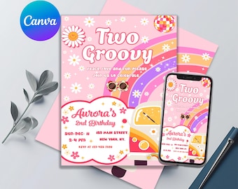 Two Groovy Birthday Invitation: Retro 2nd Birthday (Editable Digital Invite)