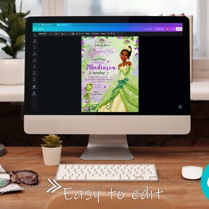 May include: A computer screen displaying a printable invitation for a birthday party. The invitation features a cartoon image of Princess Tiana from Disney's The Princess and the Frog. The text on the invitation reads "Join us for a Magical Day! Madison is turning 7".