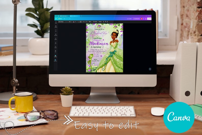 May include: A computer screen displaying a printable invitation for a birthday party. The invitation features a cartoon image of Princess Tiana from Disney's The Princess and the Frog. The text on the invitation reads "Join us for a Magical Day! Madison is turning 7".
