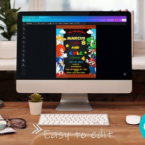May include: A computer screen displaying a colorful birthday invitation with a black background. The invitation features characters from the video games Sonic the Hedgehog and Super Mario Bros. The text on the invitation reads "You are invited to Marcus 8 and Cole 4 is turning 4 May 04, 2023 3:00 PM Saturday [address] RSVP [phone number]"