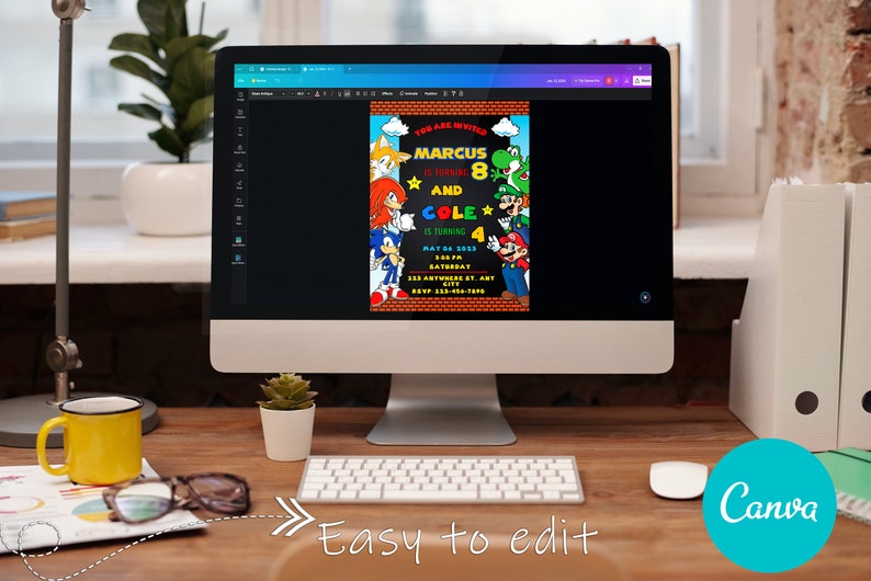 May include: A computer screen displaying a colorful birthday invitation with a black background. The invitation features characters from the video games Sonic the Hedgehog and Super Mario Bros. The text on the invitation reads "You are invited to Marcus 8 and Cole 4 is turning 4 May 04, 2023 3:00 PM Saturday [address] RSVP [phone number]"