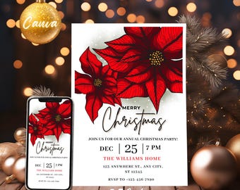 Editable Christmas Invitation - Christmas Holiday Party, Printable Invite Template, Edit in Canva -Instant Download