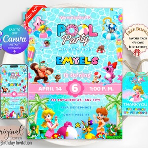 May include: A 5x7 inch digital pool party birthday invitation template featuring Nintendo characters, blue water background, palm trees, and text including Pool Party, Emyels, April 14, 6, 1:00 P.M., 123 Anywhere At., Any City, and RSVP: (55) 1234-5678.