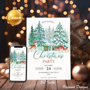Christmas Party Invitation | Editable & Printable Winter Wonderland Holiday Invite with Reindeer and Gifts | Festive Digital Download