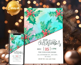Editable Christmas Party Invitation - Holiday Party, Printable Invite Template, Edit in Canva -Instant Download