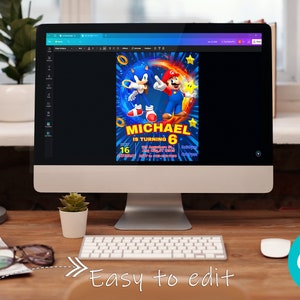 May include: A computer screen displaying a digital invitation for a birthday party. The invitation features a blue and red background with images of Sonic the Hedgehog and Mario. The text on the invitation reads "Michael is turning 6".