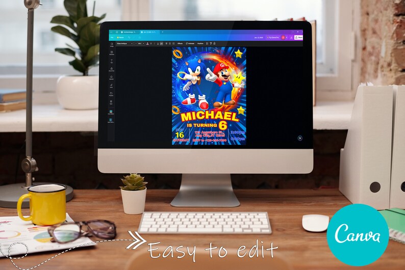 May include: A computer screen displaying a digital invitation for a birthday party. The invitation features a blue and red background with images of Sonic the Hedgehog and Mario. The text on the invitation reads "Michael is turning 6".