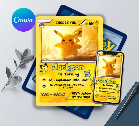 Pikachu Editable and Printable Birthday Invitation | Awesome Pokemon Trading Card Template | Premium Birthday Invites | Editable in Canva
