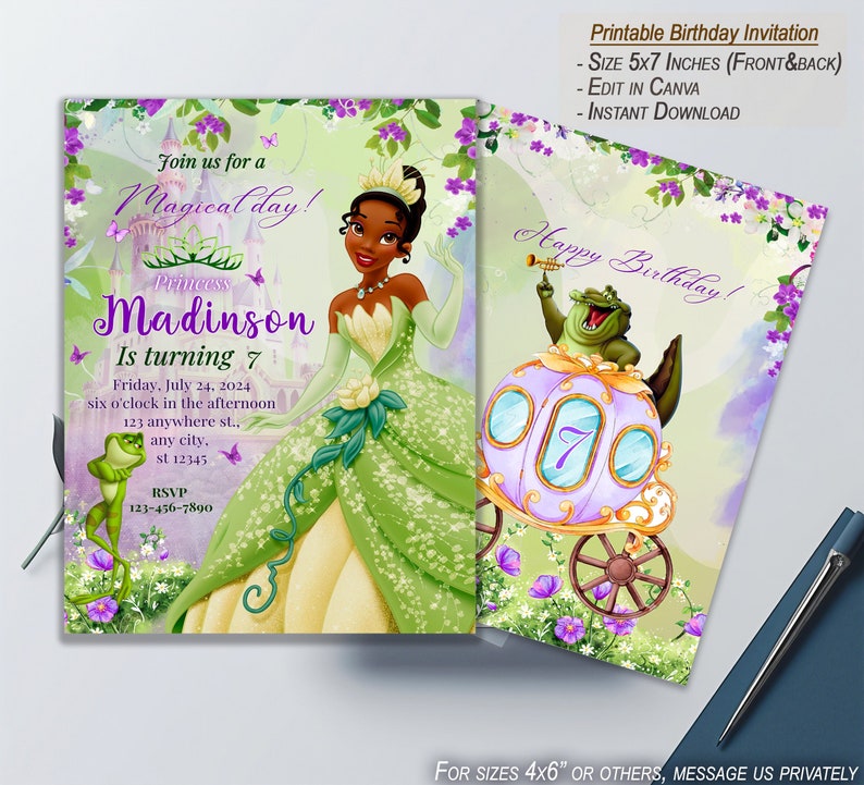 May include: Printable birthday invitation featuring a green and yellow princess with a crown and a green dress. The invitation says "Join us for a magical day! Princess Madinson is turning 7" and includes the date, time, and location of the party. The back of the invitation features a green frog in a carriage with a purple number 7.