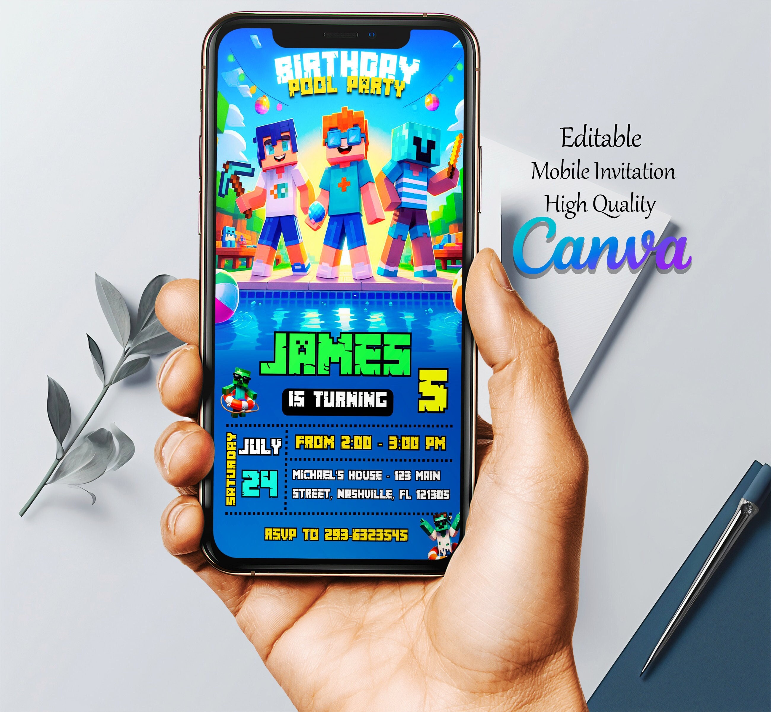 Minecraft Pool Party Invite – Editable via Canva