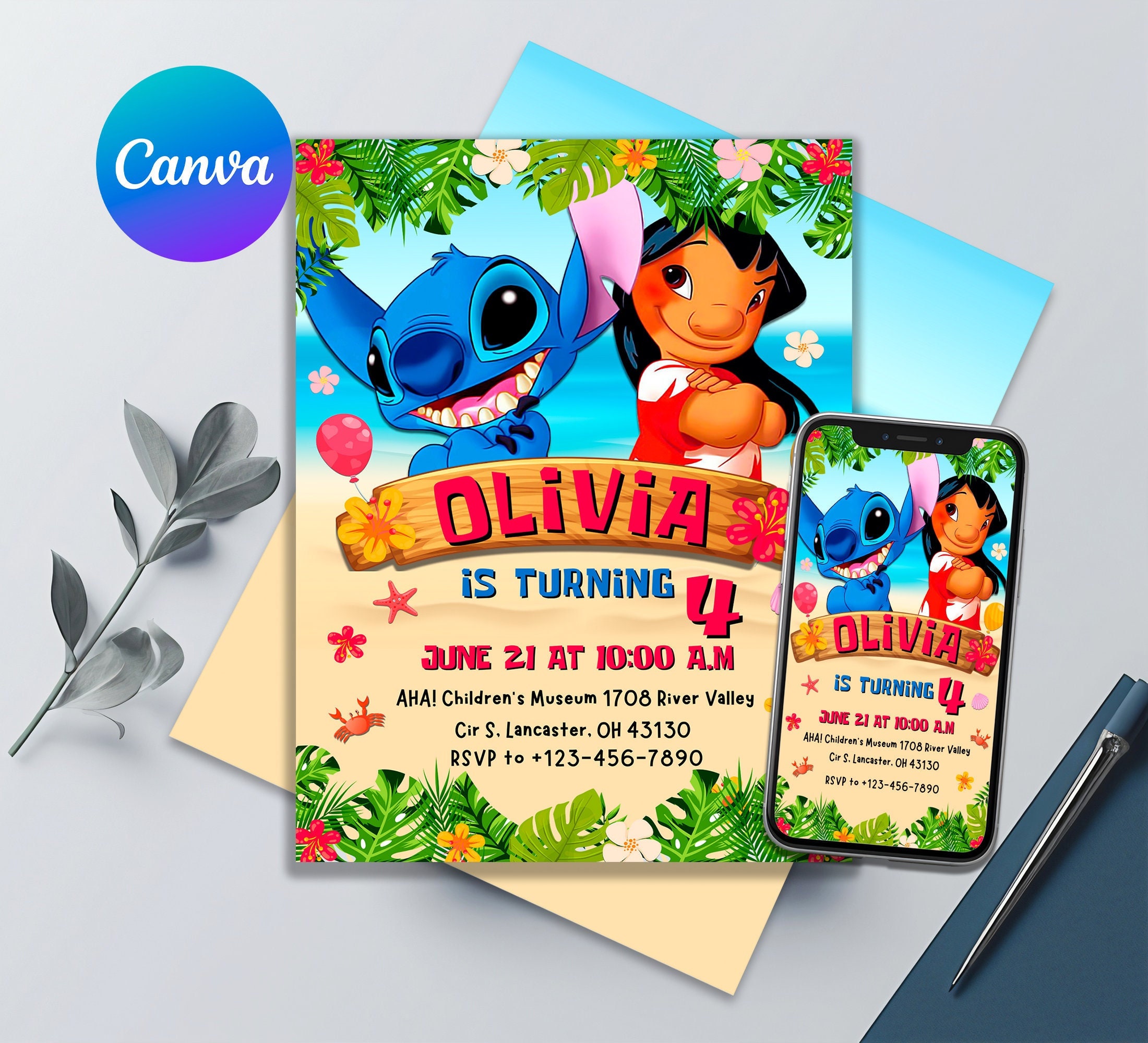 Lilo And Stitch Birthday Invitation | Printable Editable Birthday Invite | Cute Stitch Invite for Girl or Boy | Canva Template size 5x7 Inch