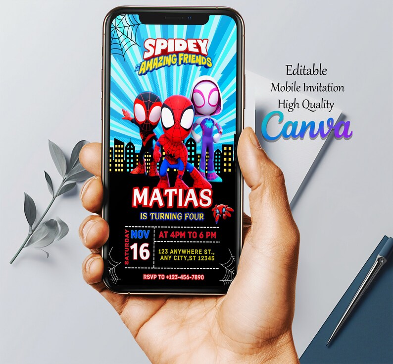 May include: A black and red mobile phone invitation for a birthday party. The invitation features a cartoon image of Spider-Man and his friends. The text on the invitation reads "Spidey & Amazing Friends", "Matias is turning four", "Saturday Nov 16 at 4pm to 6pm", "123 Anywhere St., Any City, ST 12345", and "RSVP to +123-456-7890".