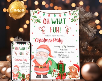 May include: A digital invitation for a Christmas party with a watercolor illustration of Santa Claus, a teddy bear, and presents. The invitation reads "Oh What Fun! Please join us for a Christmas Party. Monday 25 December at 5:30PM. 123 Anywhere St., Any City. RSVP Claudia at 123-456-7890."