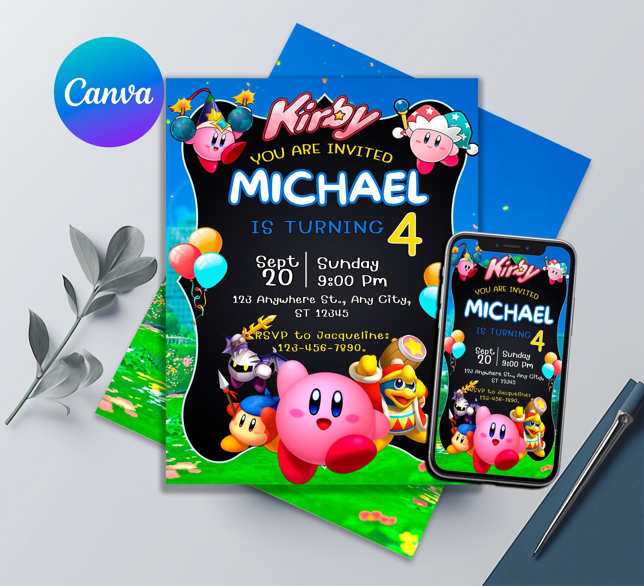 Kirby Birthday Invitation / Printable Editable Birthday Card/ Kirby ...