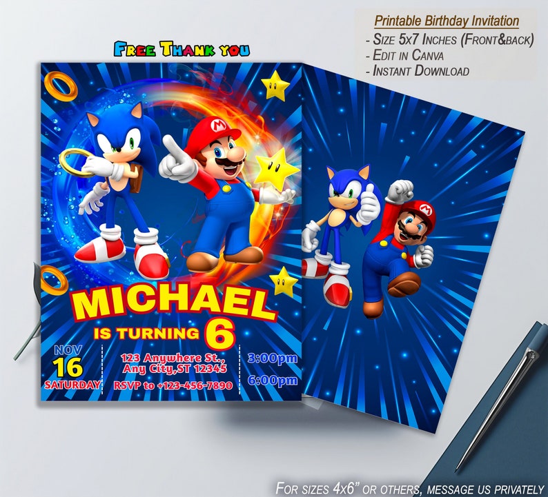 May include: Printable birthday invitation featuring Sonic the Hedgehog and Super Mario characters. The invitation is blue with stars and has a text overlay that says "Michael is turning 6".