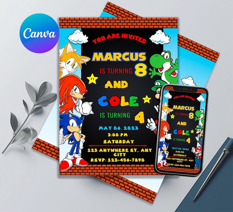 May include: A birthday invitation featuring a video game theme with characters from Sonic the Hedgehog and Super Mario Bros. The invitation is for Marcus turning 8 and Cole turning 4. The invitation includes the date, time, and location of the party.