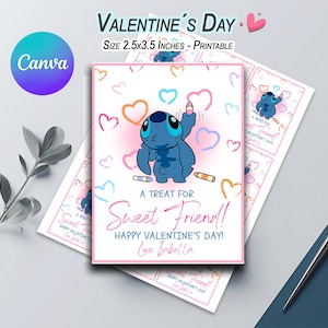 May include: Valentine's Day printable card featuring a blue cartoon character holding a crayon, surrounded by hearts. The card reads "A Treat for Sweet Friend! Happy Valentine's Day!" and is 2.5 x 3.5 inches.