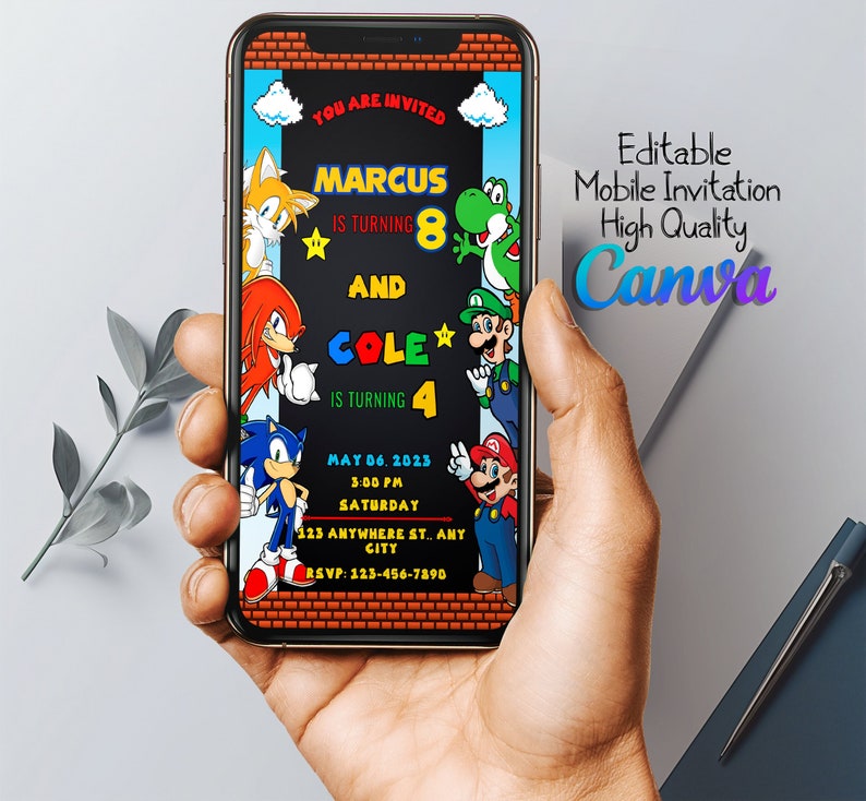 May include: A mobile phone screen displaying a birthday invitation for Marcus turning 8 and Cole turning 4. The invitation features characters from the video games Sonic the Hedgehog and Super Mario Bros. The invitation is decorated with a black chalkboard background and red, blue, and green accents. The text on the invitation reads "You are invited", "Marcus is turning 8", "and Cole is turning 4", "May 06, 2023", "3:00 PM", "Saturday", "123 Anywhere St., Any City", "RSVP: 123-456-7890".