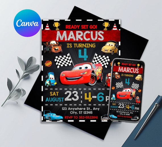 Cars Birthday Invitation | Editable & Printable | Awesome Lightning McQueen Template | Kids Invites | Edit in Canva | Buy Now!