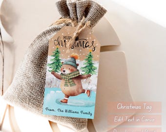 Editable Christmas Gift Tags Canva Template – Teddy Bear Christmas Label – Printable Holiday Tag Instant Download