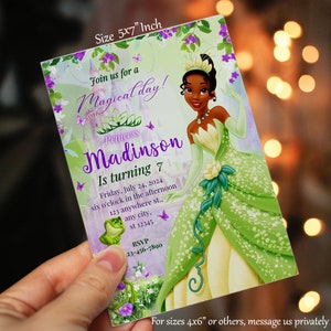 May include: A green and purple invitation for a princess-themed birthday party. The invitation features a cartoon image of Princess Tiana from Disney's The Princess and the Frog. The text on the invitation reads "Join us for a Magical Day! Princess Madinson is turning 7. Friday, July 24, 2024, six o'clock in the afternoon, 123 anywhere st., any city, st 12345. RSVP 23-456-7890. For sizes 4x6" or others, message us privately."