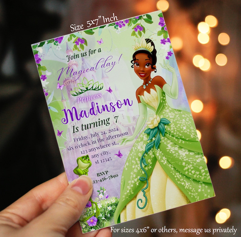 May include: A green and purple invitation for a princess-themed birthday party. The invitation features a cartoon image of Princess Tiana from Disney's The Princess and the Frog. The text on the invitation reads "Join us for a Magical Day! Princess Madinson is turning 7. Friday, July 24, 2024, six o'clock in the afternoon, 123 anywhere st., any city, st 12345. RSVP 23-456-7890. For sizes 4x6" or others, message us privately."