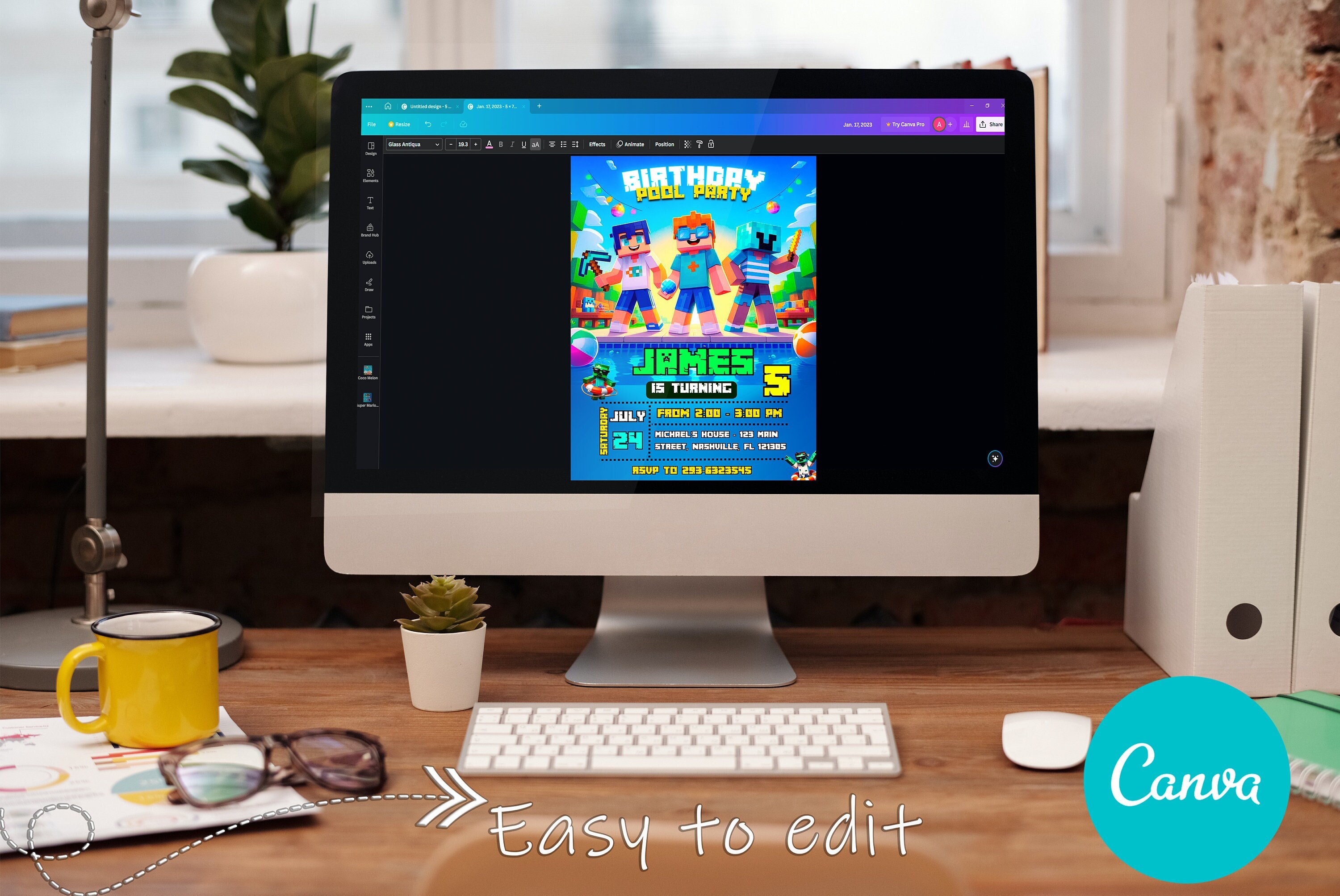 Minecraft Pool Party Invite – Editable via Canva