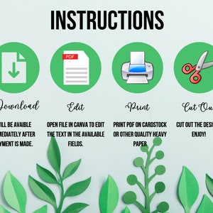 May include: Green and white instructions for a printable craft project. The instructions include four steps: download, edit, print, and cut out. The steps are illustrated with icons of a download arrow, a PDF document, a printer, and scissors.