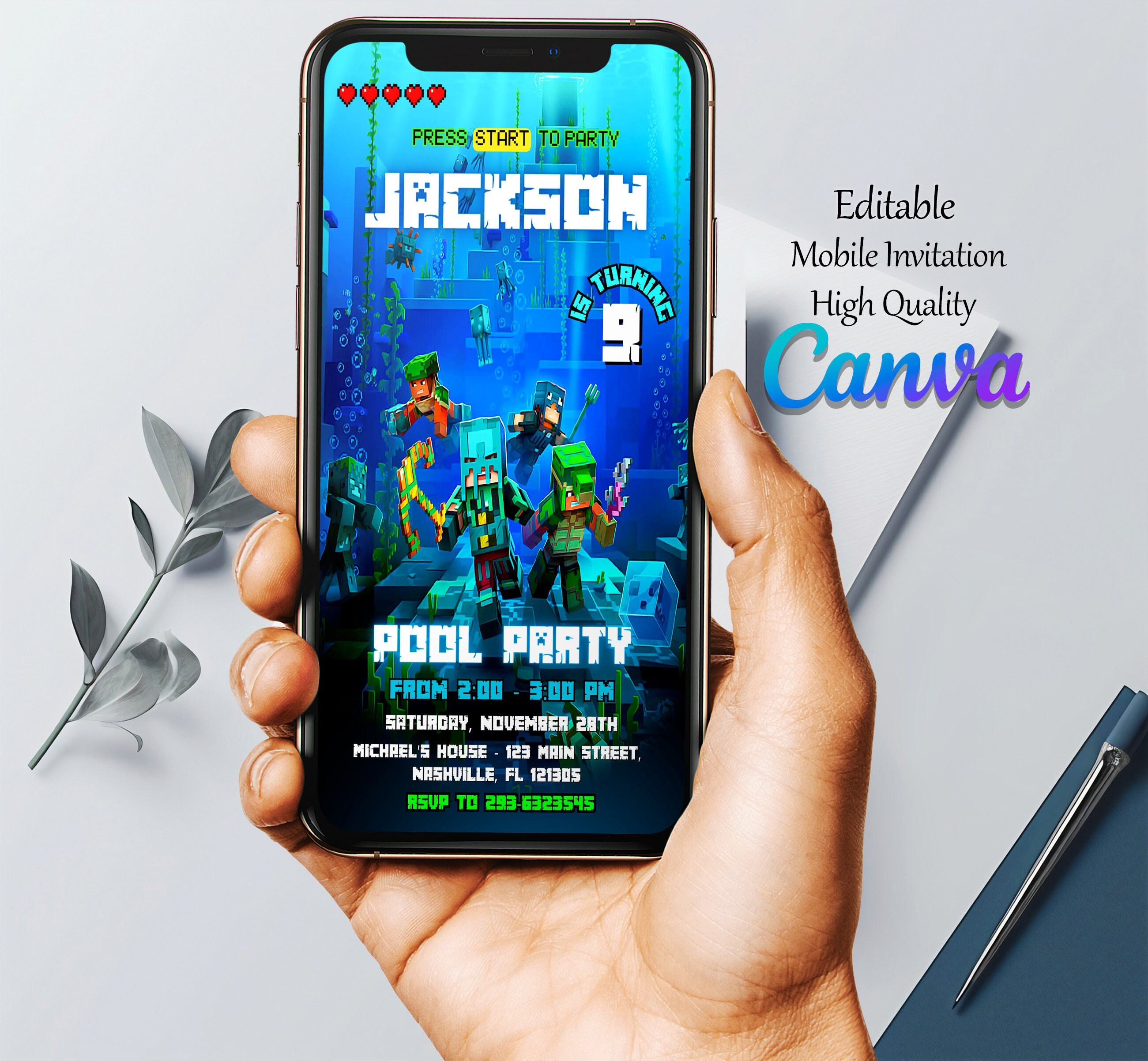 Minecraft Pool Party Invitation