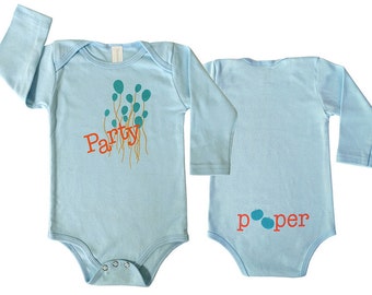 Party Pooper Organic Cotton Baby Onesies®, Funny Baby Gift, Baby Bodysuit, Natural, Baby Shower Gift, Long Sleeves Blue, Baby Boy