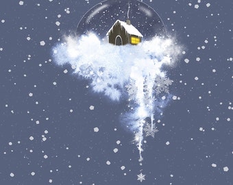 May include: A digital illustration of a snow globe featuring a small house on a cloud. The house has a lit window and a chimney. Snowflakes fall around the globe against a blue background. The image evokes a winter theme.