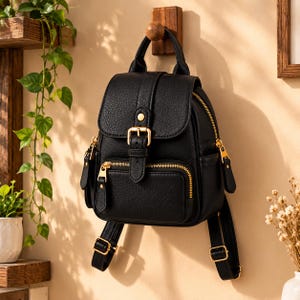 Könnte beinhalten: Ein kleiner schwarzer Rucksack mit strukturierter Oberfläche, ausgestattet mit goldfarbenen Metallbeschlägen, einem Tragegriff, verstellbaren Schultergurten, einer Fronttasche mit Reißverschluss und einem Klappverschluss mit Schnalle.
