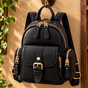 May include: A black backpack with a textured finish, featuring gold-tone metal zippers and buckles. The bag includes a main compartment, a front pocket with a buckle closure, and two side pockets with vertical zippers, all suspended from a hook.