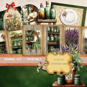 May include: A printable journal kit with a Tuscan apothecary theme. The kit includes images of herbs, bottles, and a vintage apothecary shop. The text "JOURNAL KIT - PRINTABLE" and "TUSCAN APOTHECARY" is included in the image.