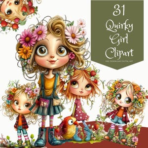 31 schrullige Mädchen Clipart, kommerzielle Nutzung, wunderliche Ephemera, Aquarell PNG, Sofortiger Download, Fantasy Junk Journal, Papiermodell, Süße Puppe