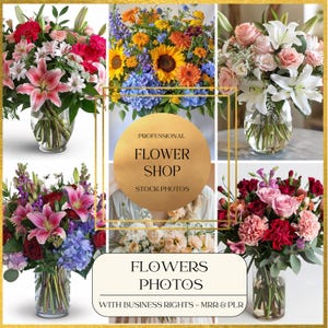 Pode incluir: Uma colagem de arranjos florais em vasos de vidro. Os arranjos apresentam lírios, rosas, cravos, girassóis e outras flores em várias cores. A imagem inclui o texto "Professional Flower Shop Stock Photos" e "Flowers Photos".