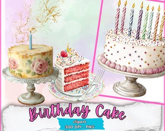 Clipart di torta di compleanno, torta carina in formato PNG, download digitale per decorazioni di compleanno, articoli per feste, arte fantasiosa per scrapbooking e inviti