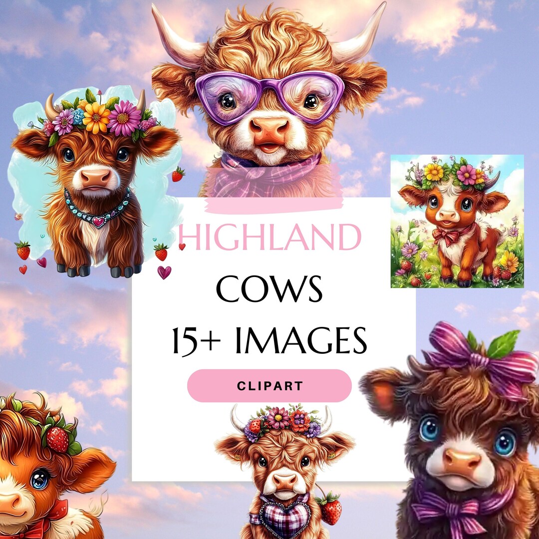 Cow Farm Animal Clipart, Adorable Highland Cow Graphics for Card Making ...