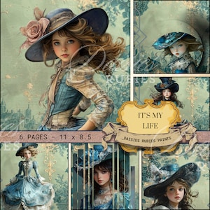 Victorian digital paper, vintage girl, girl Junk Journal Digital Paper, Blue 6 Digital Journal Pages, Printable Ephemera, Paper Craft,
