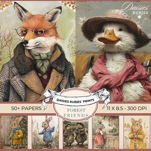 May include: Digital art print featuring anthropomorphic forest animals. A fox in a tweed coat and glasses, and a duck wearing a hat and scarf are shown. The image includes the text "Daisies Rubies Prints" and "Forest Friends". The print size is 11 x 8.5 inches.