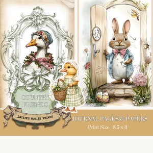 May include: A digital download of printable journal pages and papers featuring a country-themed illustration of a duck, a goose, and a rabbit. The illustration is in a vintage style with a floral background. The text "Country Friends" is included in the image. The print size is 8.5 x 11 inches.