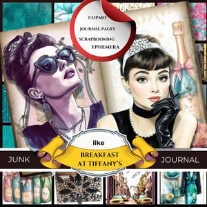 Ontbijt bij Tiffany's Junk Journal Pages | Vintage glamour-clipart | Audrey Hepburn Esthetiek | Digitale download | Commercieel gebruik, doe-het-zelfcadeau,