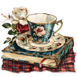 Teacups and Library books, shabby chic teapot, afternoon high tea clipart,junk journal teacups, planner romantic, vintage notebook,wall art