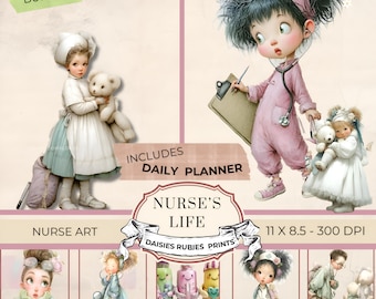 Puede incluir: Paquete de impresiones artísticas digitales con ilustraciones de enfermeras y niños con osos de peluche. La obra de arte incluye el texto "Nurse's Life" y "Mega Bundle". Las impresiones miden 27,9 x 21,6 cm a 300 DPI.
