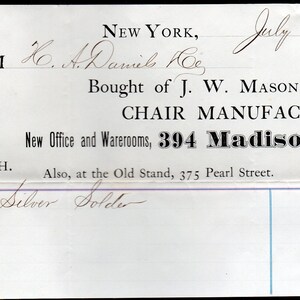 J.W. Mason & Co. Chair Manufacturers Vintage 1870 Membrete corporativo escrito a mano - Nueva York NY