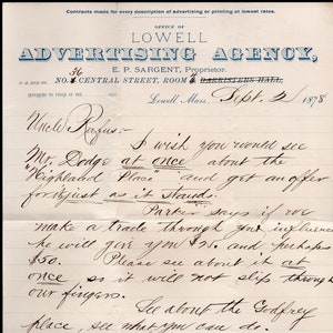 AGENCIA DE PUBLICIDAD LOWELL Vintage 1878 Membrete corporativo firmado y escrito a mano - Lowell, Massachusetts