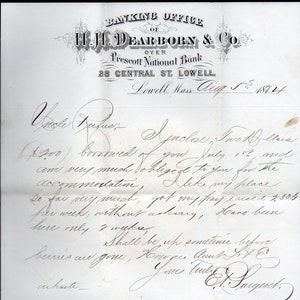 H.H. DEARBORN & CO. Vintage 1874 Membrete corporativo firmado y escrito a mano - Lowell, Massachusetts