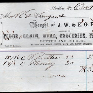 J.W. & P.EJ. PETTIGREW GROCERIES Vintage 1867 Membrete corporativo escrito a mano - Ludlow VT